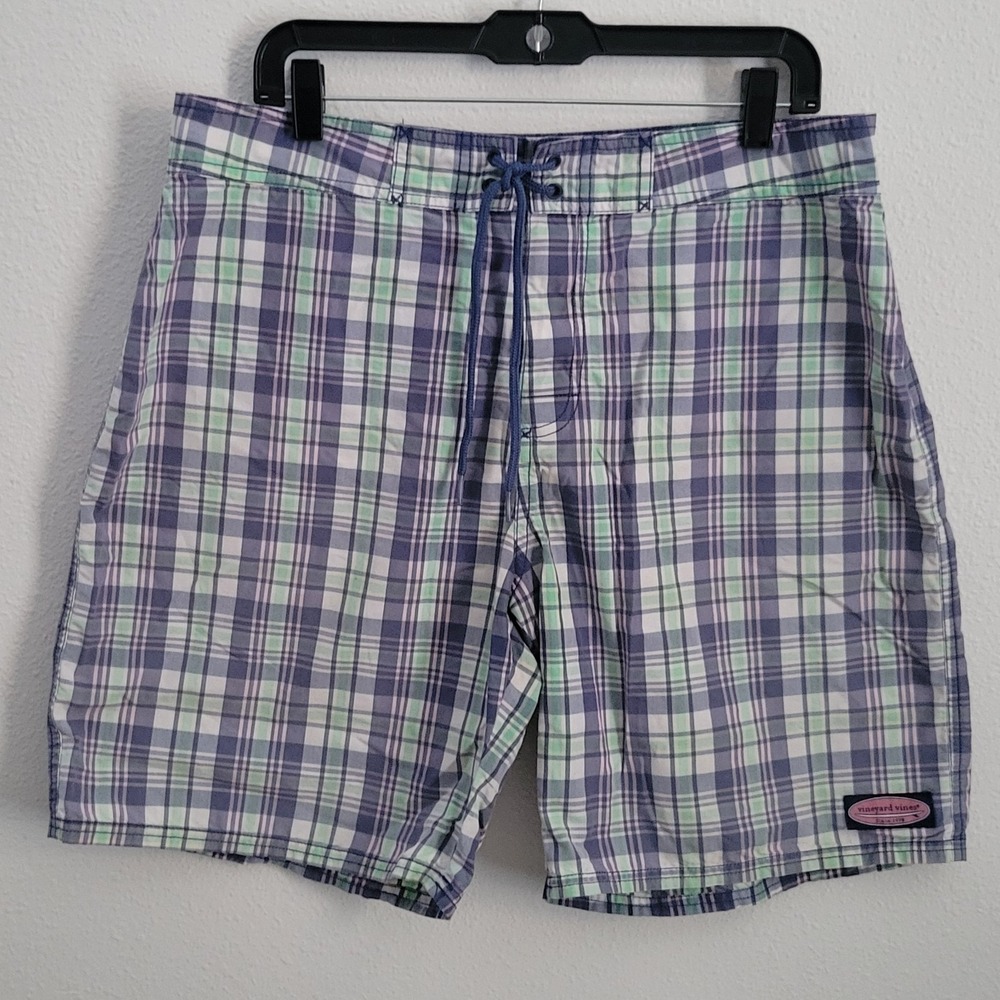 Vineyard Vines Chappy Swim Trunks Men's 35 Plaid Blue Green‎ Pink Whale Logo